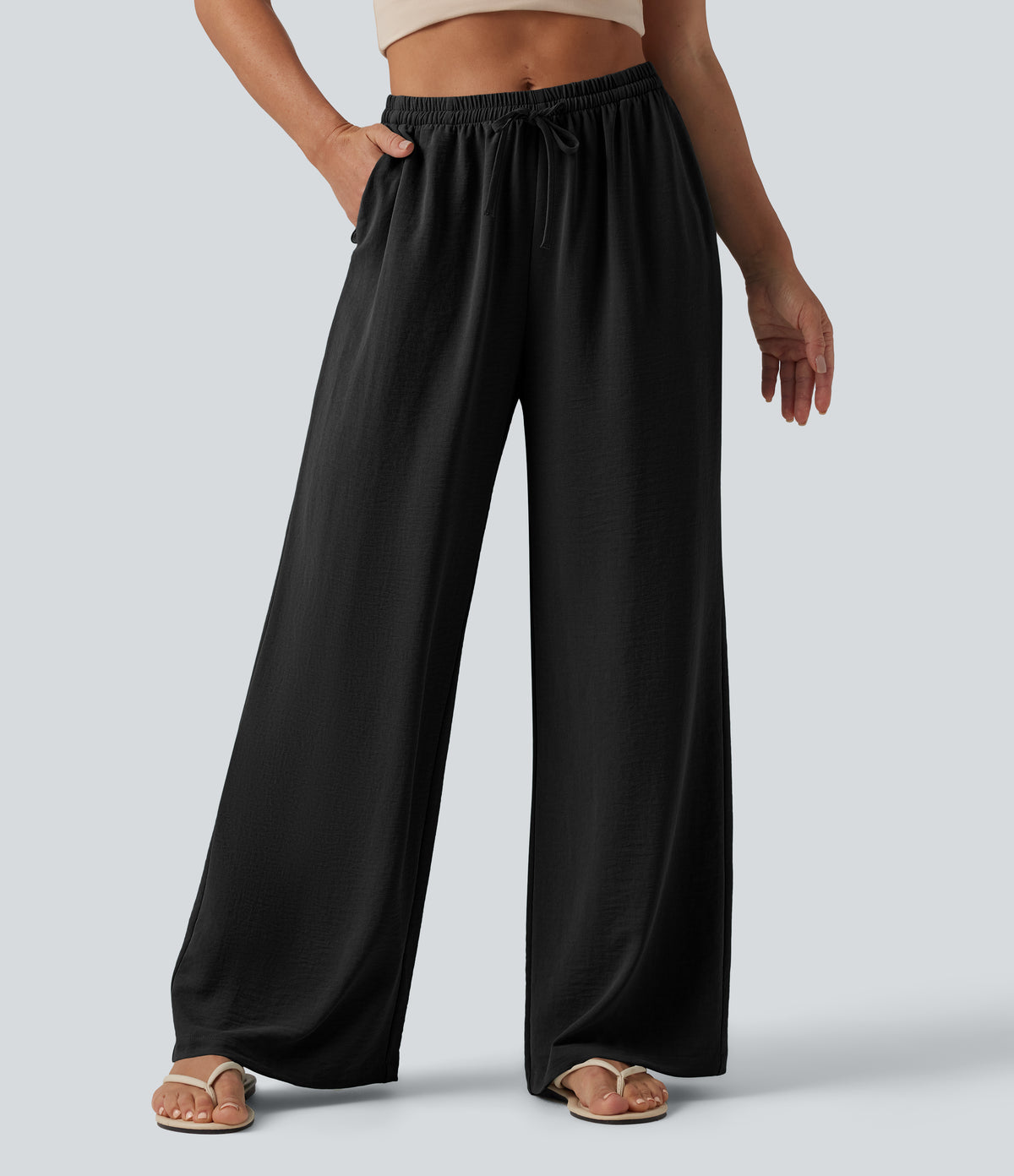 Mid Rise Drawstring Wide Leg Casual Linen-Feel Trousers with Pockets — Black — view 6