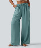 Mid Rise Drawstring Wide Leg Casual Linen-Feel Trousers with Pockets — Mineral Blue — view 1