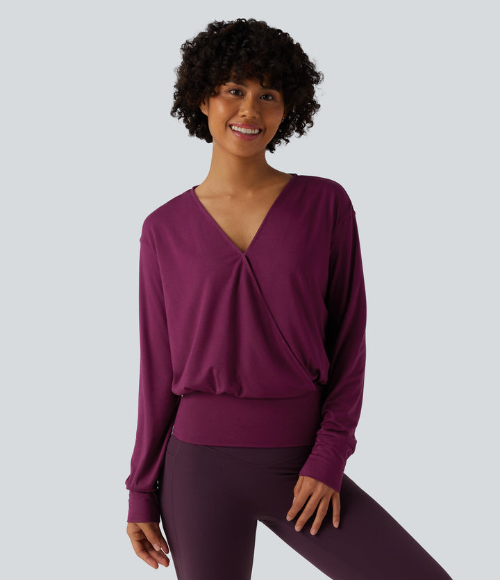 V Neck Crossover Long Sleeve Work Blouse — Red Violet — view 1