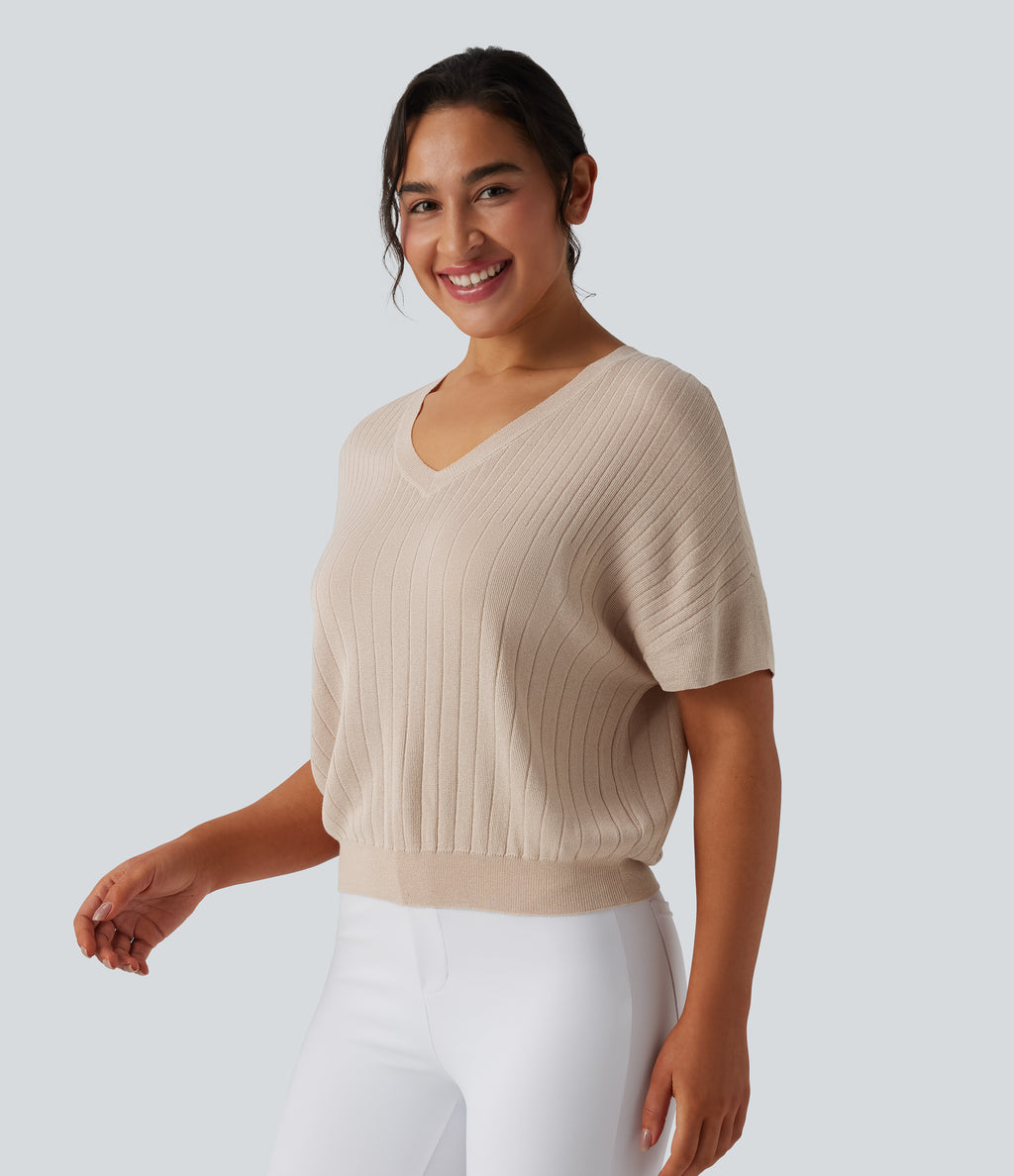 V Neck Short Sleeve Work Jumper — Almond Peach — view 3