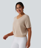 V Neck Short Sleeve Work Jumper — Almond Peach — view 3
