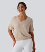 V Neck Short Sleeve Work Jumper — Almond Peach — view 1