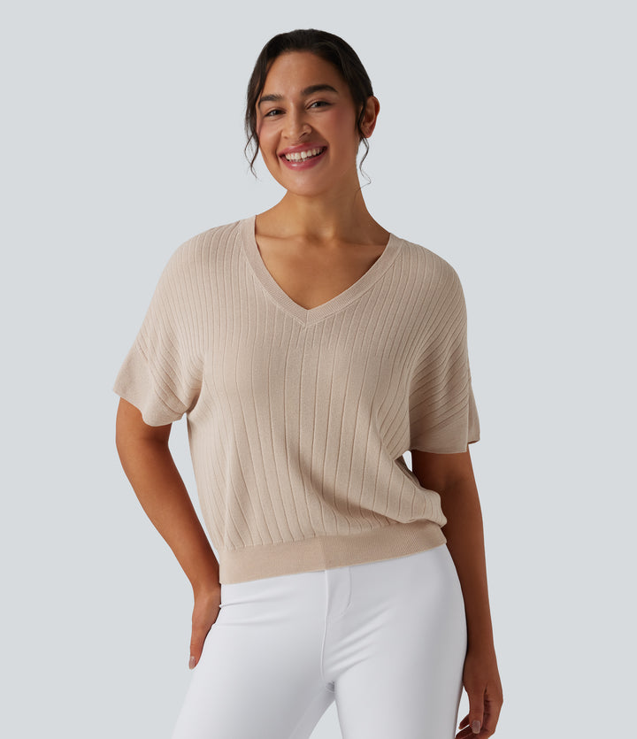 V Neck Short Sleeve Work Jumper — Almond Peach — view 1