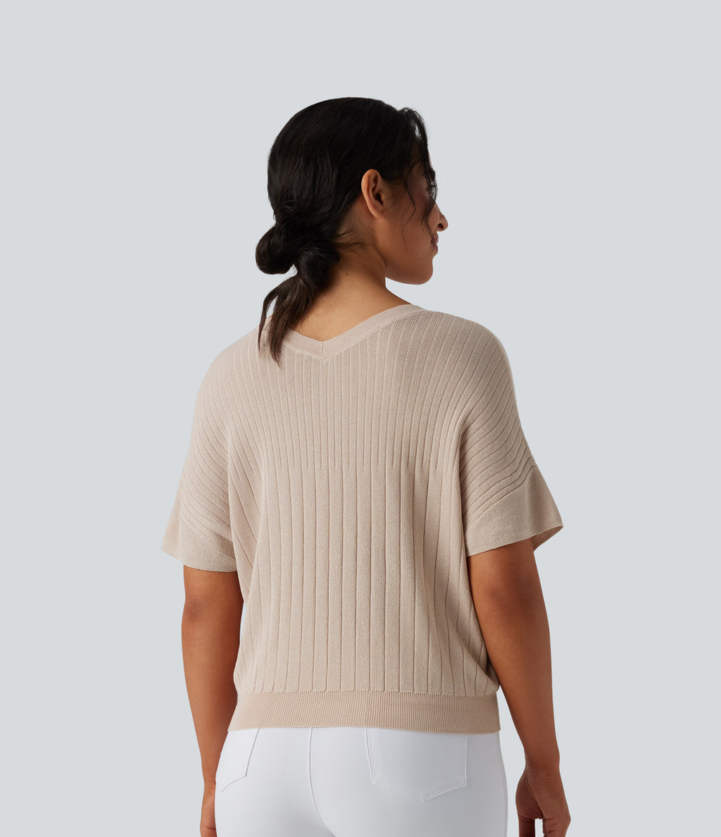 V Neck Short Sleeve Work Jumper — Almond Peach — view 2