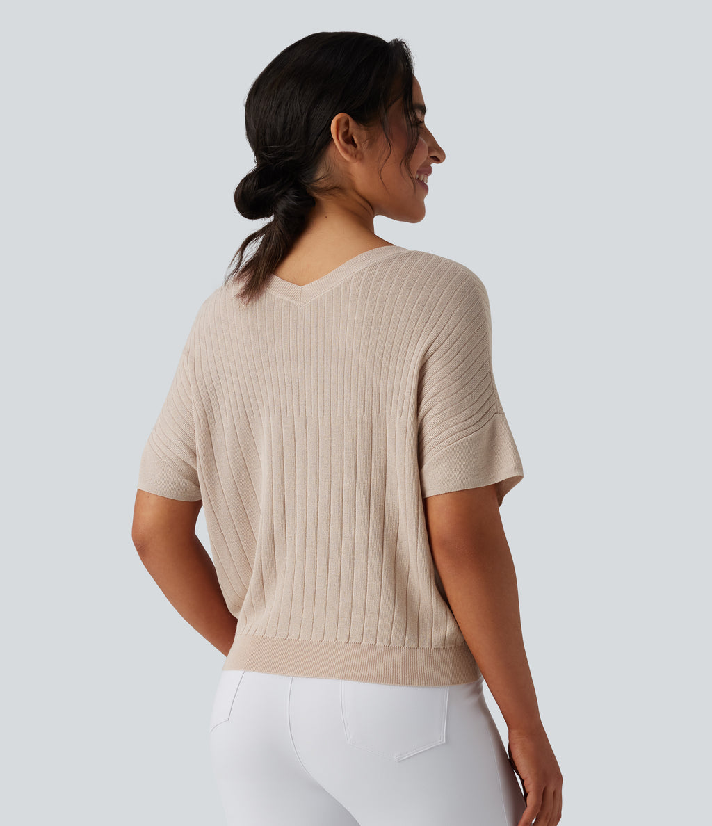 V Neck Short Sleeve Work Jumper — Almond Peach — view 4