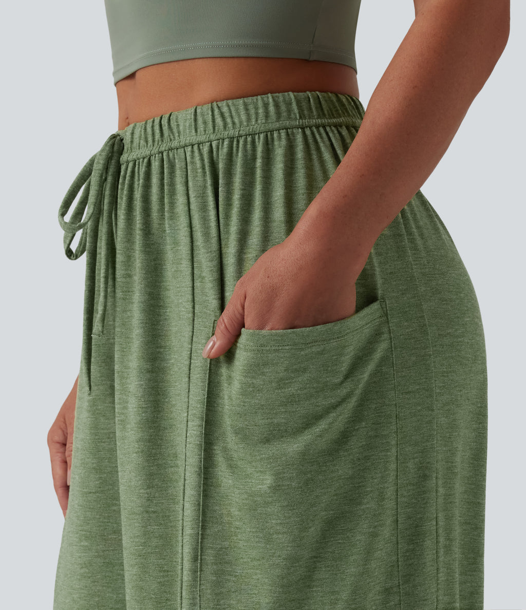 Mid Rise Drawstring Wide Leg Heathered Casual Trousers with Pockets — Light Green Floral Yarn — view 6