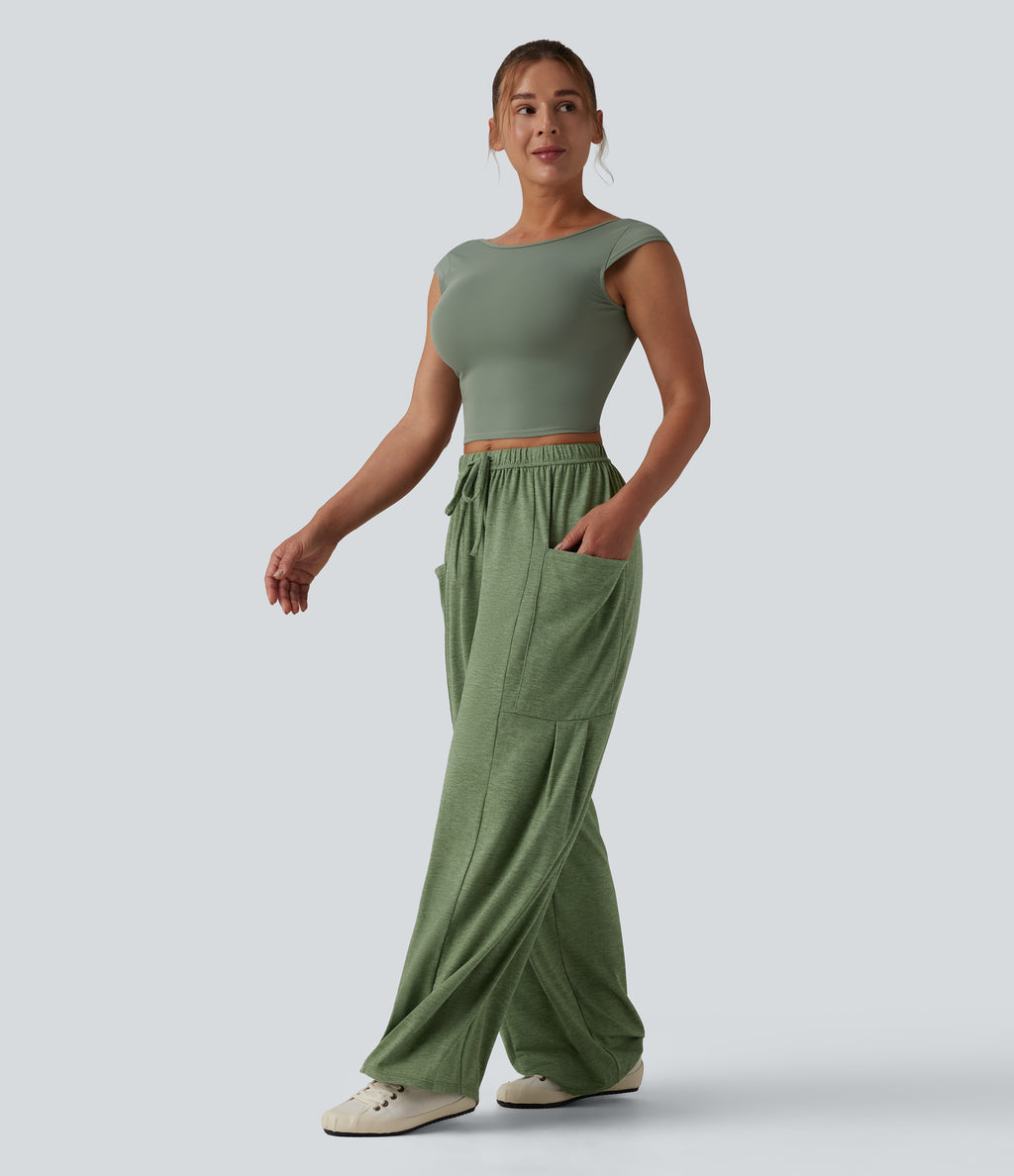 Mid Rise Drawstring Wide Leg Heathered Casual Trousers with Pockets — Light Green Floral Yarn — view 7