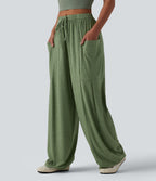 Mid Rise Drawstring Wide Leg Heathered Casual Trousers with Pockets — Light Green Floral Yarn — view 3