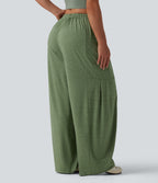 Mid Rise Drawstring Wide Leg Heathered Casual Trousers with Pockets — Light Green Floral Yarn — view 2
