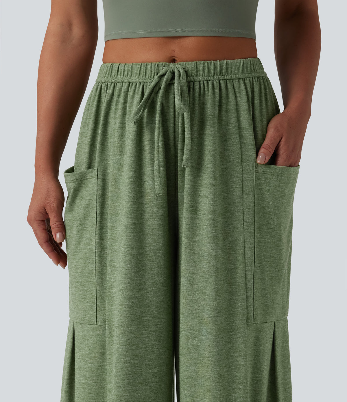 Mid Rise Drawstring Wide Leg Heathered Casual Trousers with Pockets — Light Green Floral Yarn — view 4