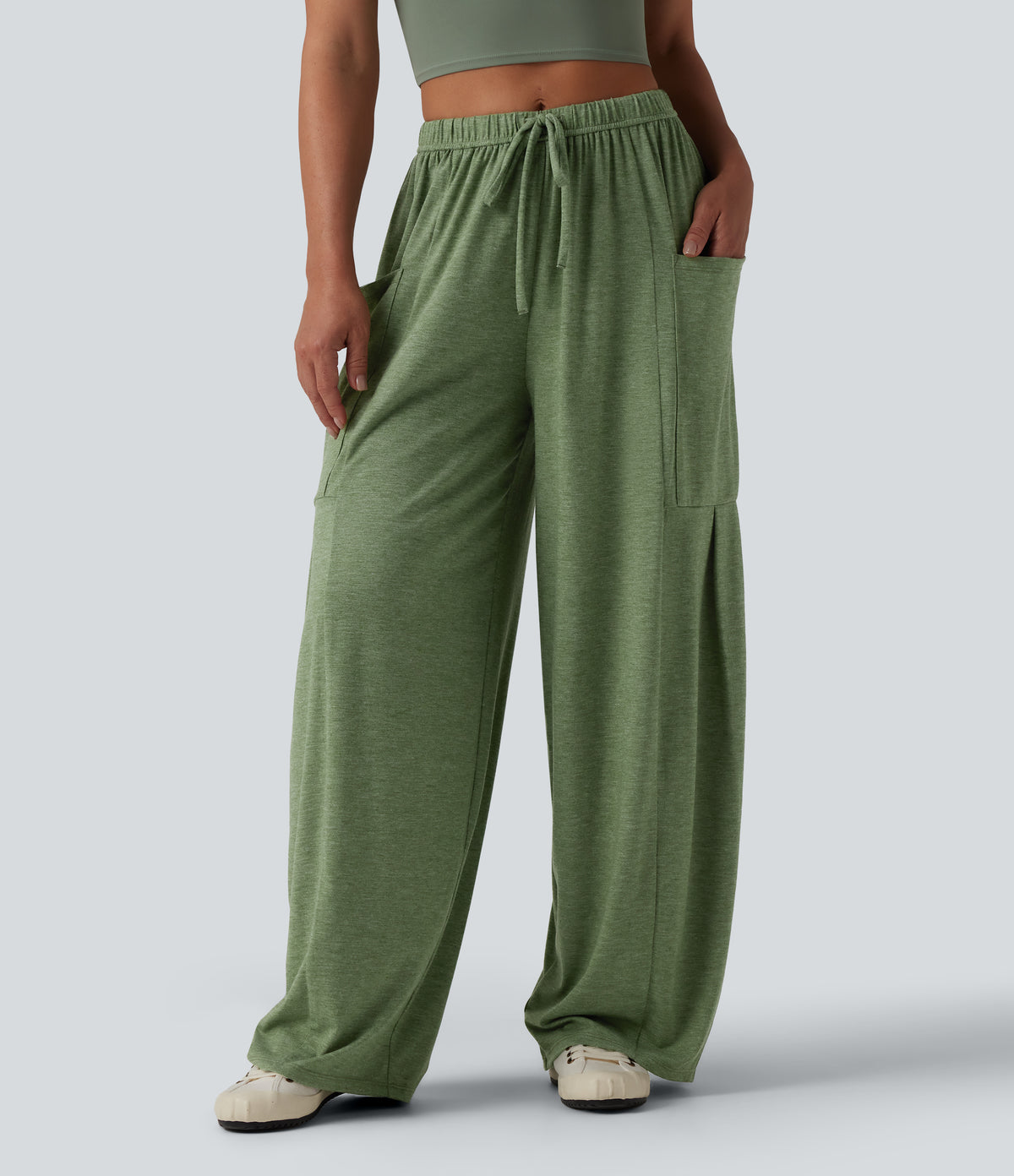 Mid Rise Drawstring Wide Leg Heathered Casual Trousers with Pockets — Light Green Floral Yarn — view 1