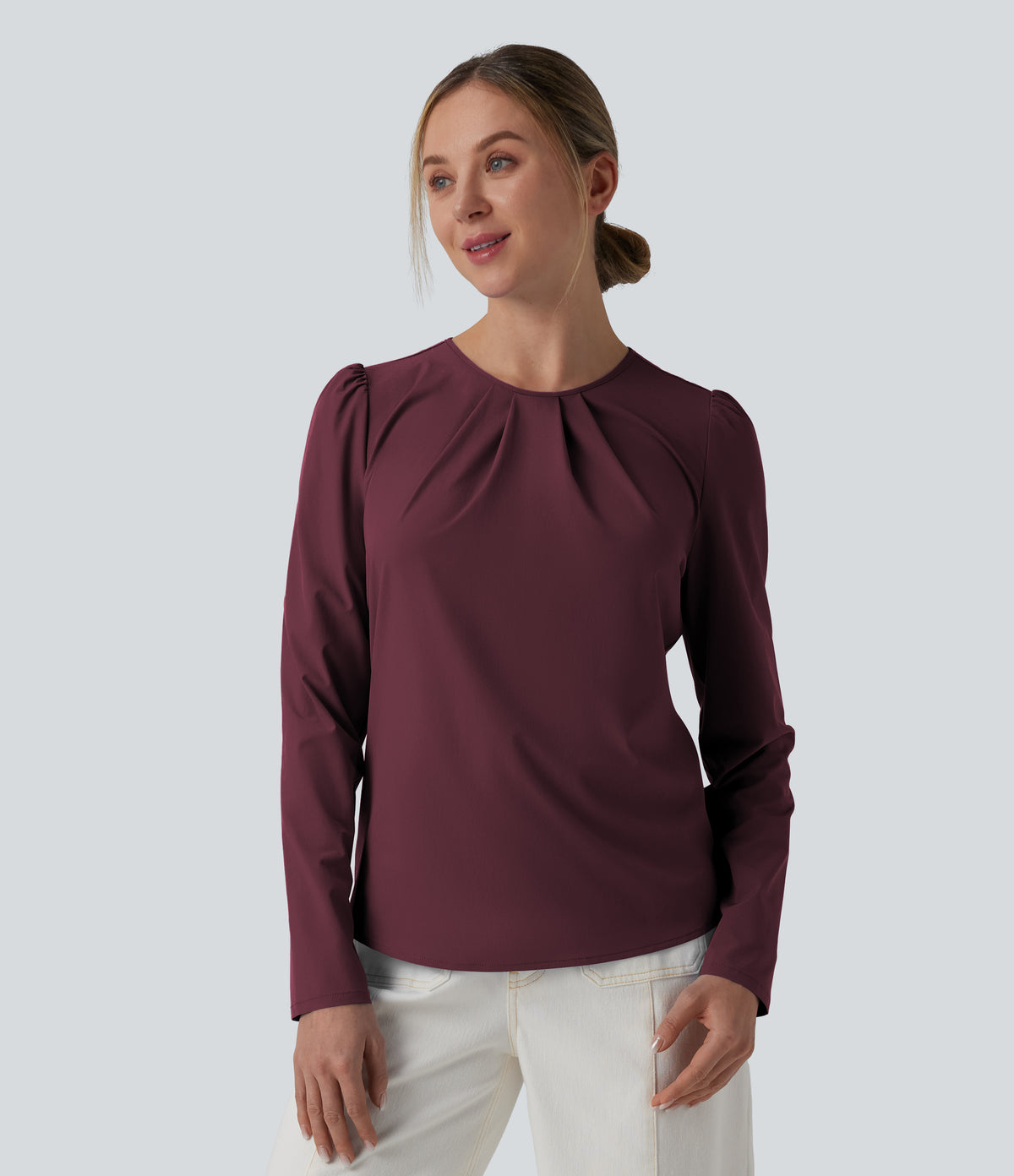 Round Neck Long Sleeve Keyhole Back Quick Dry Casual Top — Amaranth — view 1