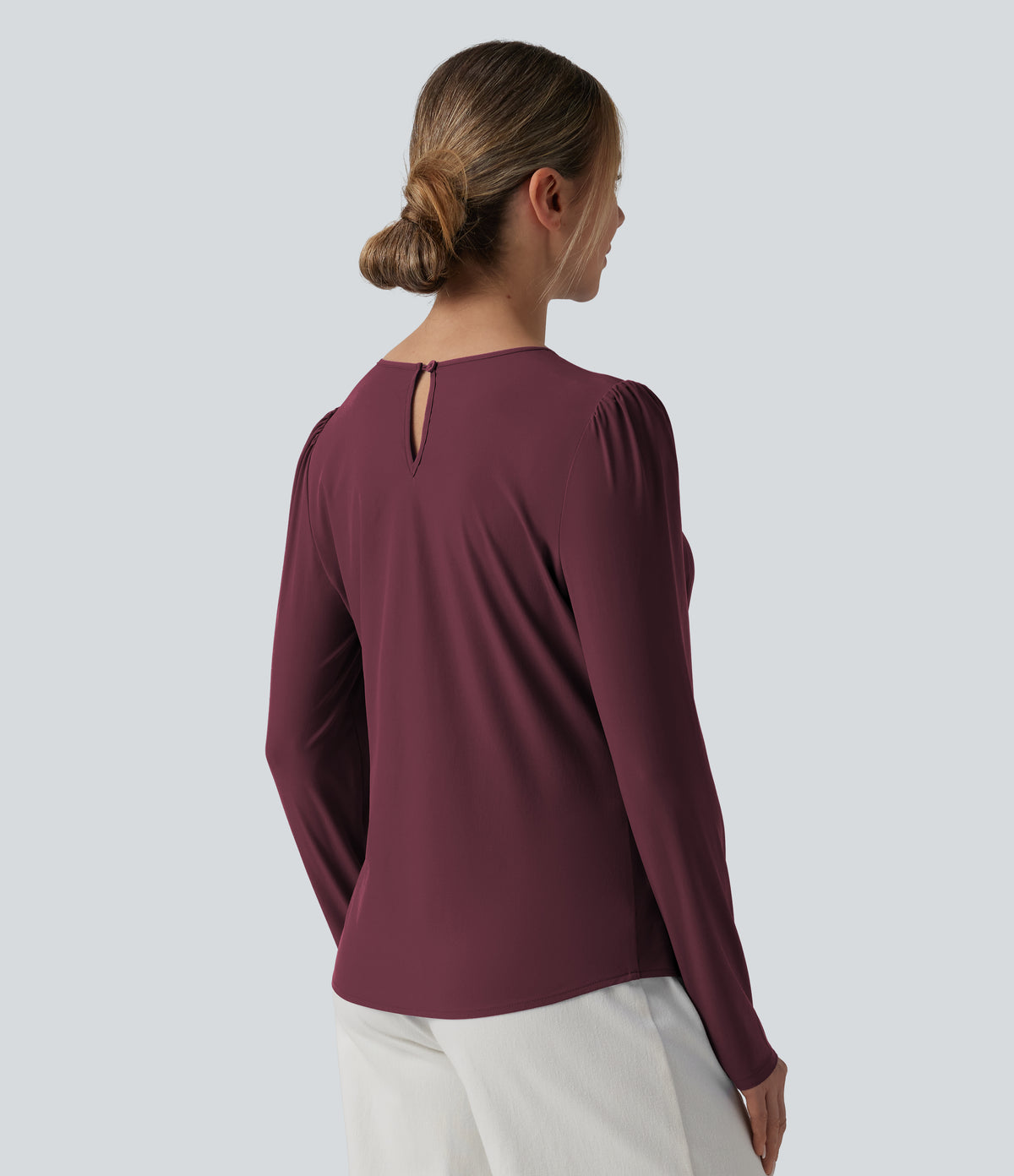 Round Neck Long Sleeve Keyhole Back Quick Dry Casual Top — Amaranth — view 2