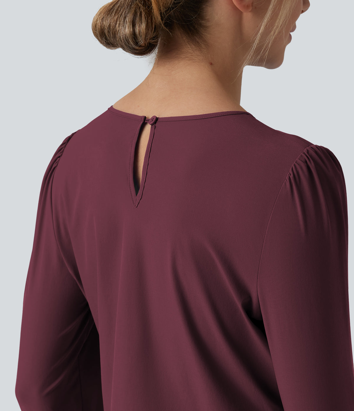 Round Neck Long Sleeve Keyhole Back Quick Dry Casual Top — Amaranth — view 5