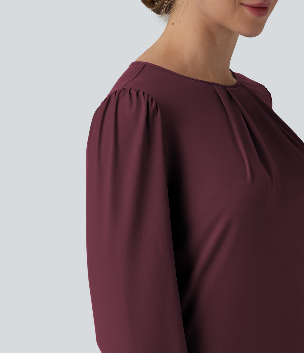 Round Neck Long Sleeve Keyhole Back Quick Dry Casual Top — Amaranth — view 6