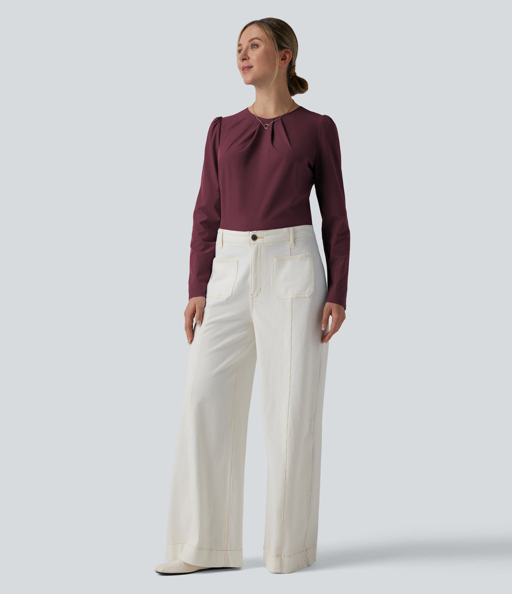 Round Neck Long Sleeve Keyhole Back Quick Dry Casual Top — Amaranth — view 7