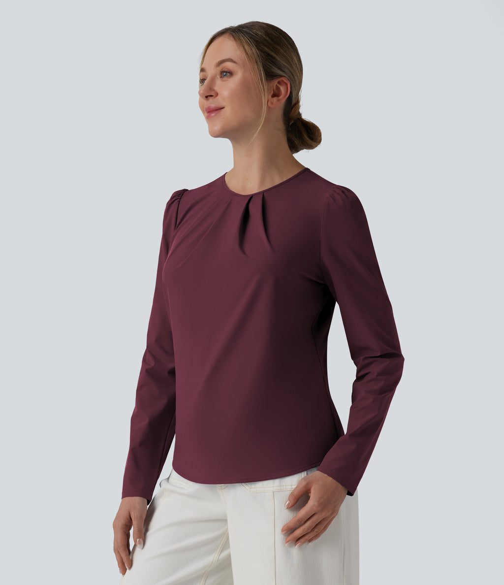 Round Neck Long Sleeve Keyhole Back Quick Dry Casual Top — Amaranth — view 3