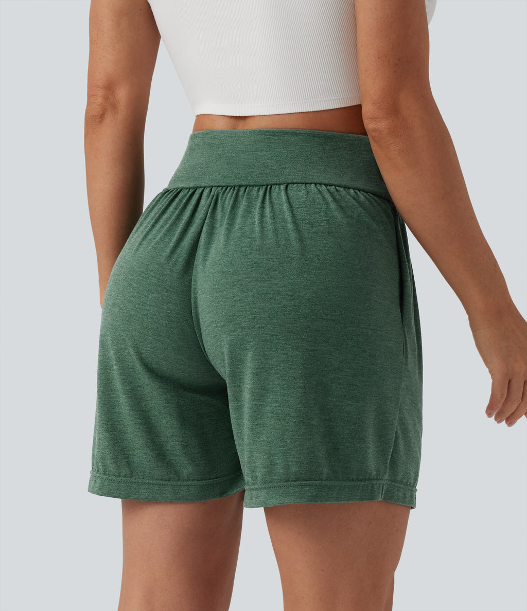 High Waisted Crossover Casual Shorts 5'' with Pockets — Emerald Floral Yarn — view 2
