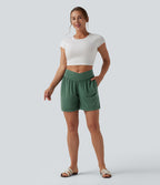 High Waisted Crossover Casual Shorts 5'' with Pockets — Emerald Floral Yarn — view 6