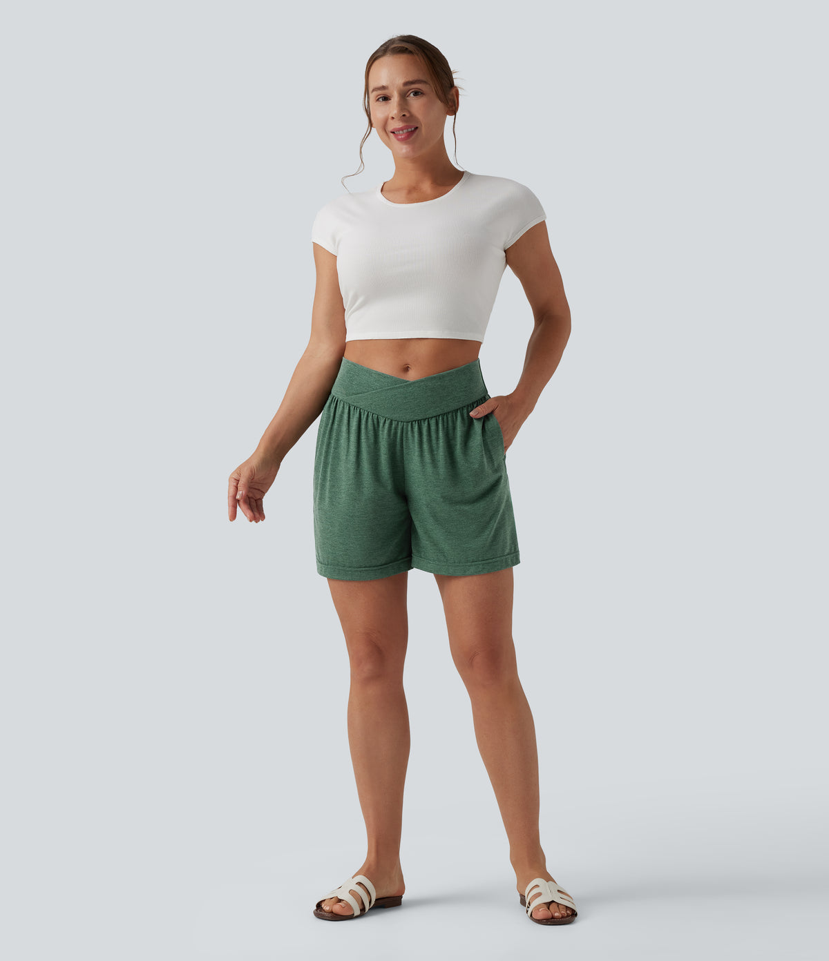 High Waisted Crossover Casual Shorts 5'' with Pockets — Emerald Floral Yarn — view 6