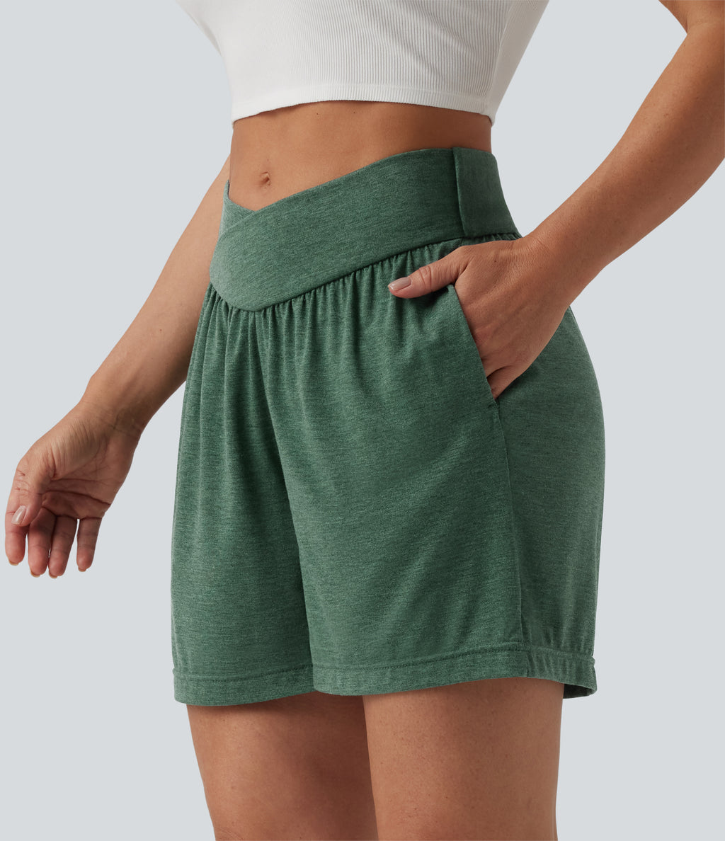 High Waisted Crossover Casual Shorts 5'' with Pockets — Emerald Floral Yarn — view 5