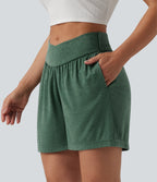 High Waisted Crossover Casual Shorts 5'' with Pockets — Emerald Floral Yarn — view 5