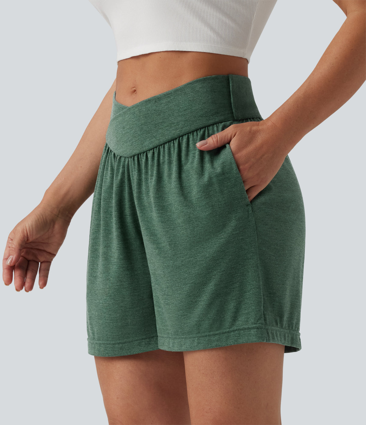 High Waisted Crossover Casual Shorts 5'' with Pockets — Emerald Floral Yarn — view 5