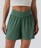 High Waisted Crossover Casual Shorts 5'' with Pockets — Emerald Floral Yarn — view 1