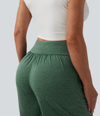 High Waisted Crossover Casual Shorts 5'' with Pockets — Emerald Floral Yarn — view 4