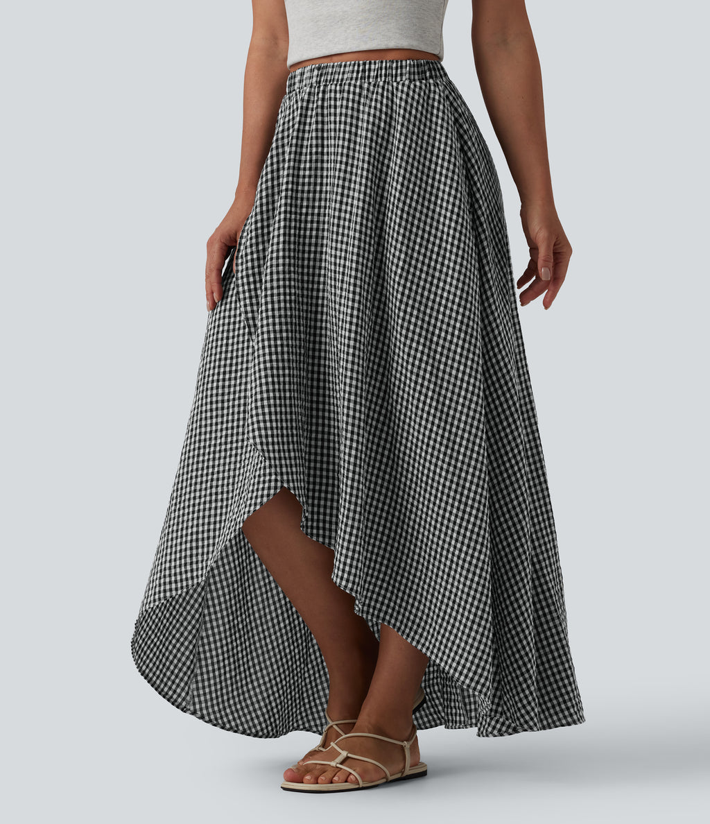High Waisted High Low Plaid Flowy Midi Casual Linen-Feel Skirt with Pockets — Classic Mono — view 3