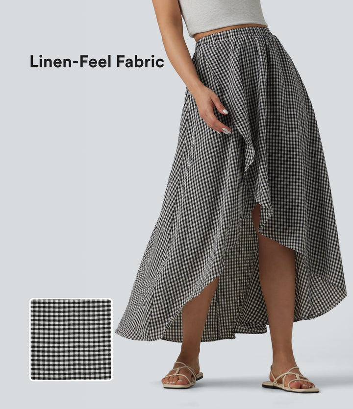 High Waisted High Low Plaid Flowy Midi Casual Linen-Feel Skirt with Pockets — Classic Mono — view 1