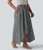 High Waisted High Low Plaid Flowy Midi Casual Linen-Feel Skirt with Pockets — Classic Mono — view 5