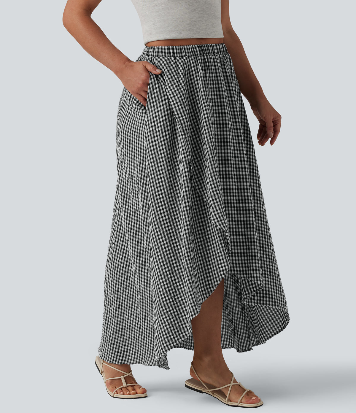 High Waisted High Low Plaid Flowy Midi Casual Linen-Feel Skirt with Pockets — Classic Mono — view 5