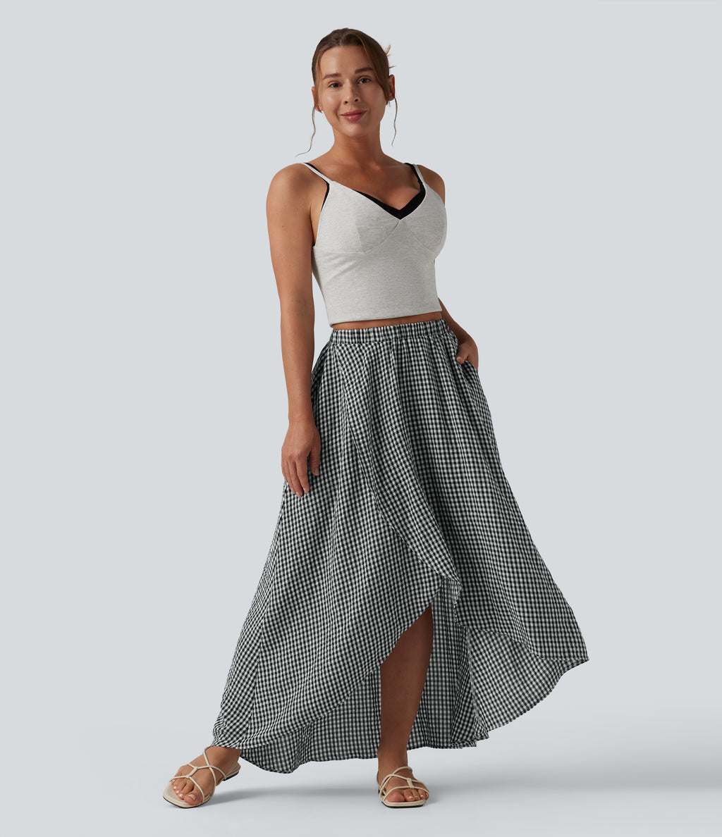 High Waisted High Low Plaid Flowy Midi Casual Linen-Feel Skirt with Pockets — Classic Mono — view 6