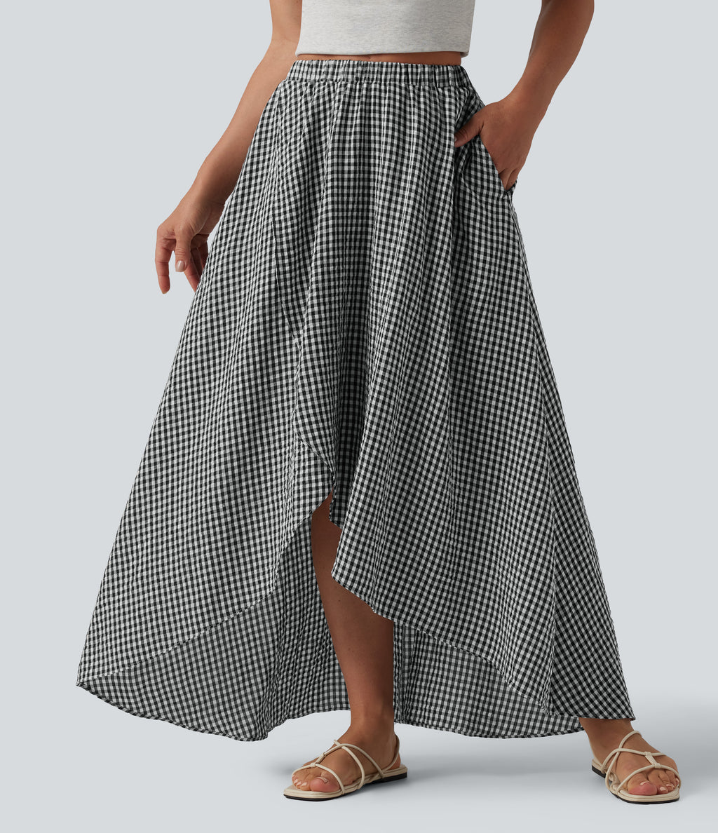 High Waisted High Low Plaid Flowy Midi Casual Linen-Feel Skirt with Pockets — Classic Mono — view 4