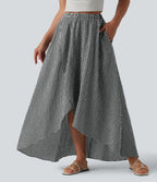 High Waisted High Low Plaid Flowy Midi Casual Linen-Feel Skirt with Pockets — Classic Mono — view 4