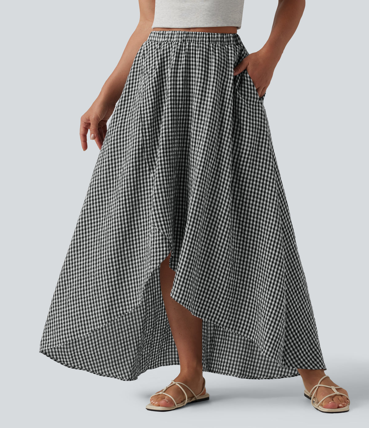 High Waisted High Low Plaid Flowy Midi Casual Linen-Feel Skirt with Pockets — Classic Mono — view 4