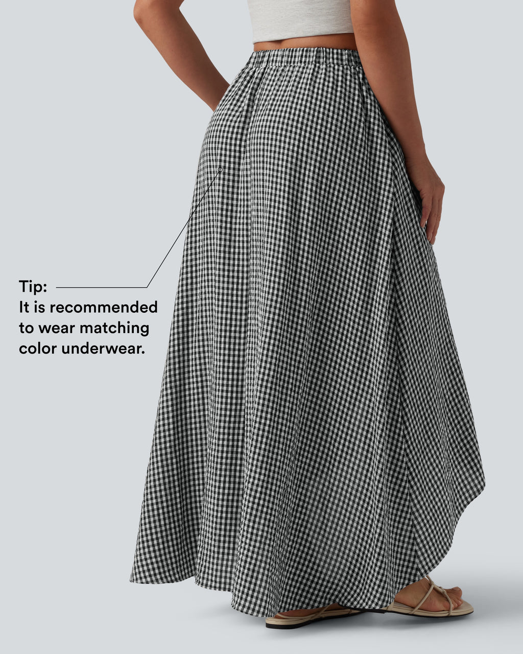 High Waisted High Low Plaid Flowy Midi Casual Linen-Feel Skirt with Pockets — Classic Mono — view 2
