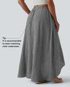 High Waisted High Low Plaid Flowy Midi Casual Linen-Feel Skirt with Pockets — Classic Mono — view 2