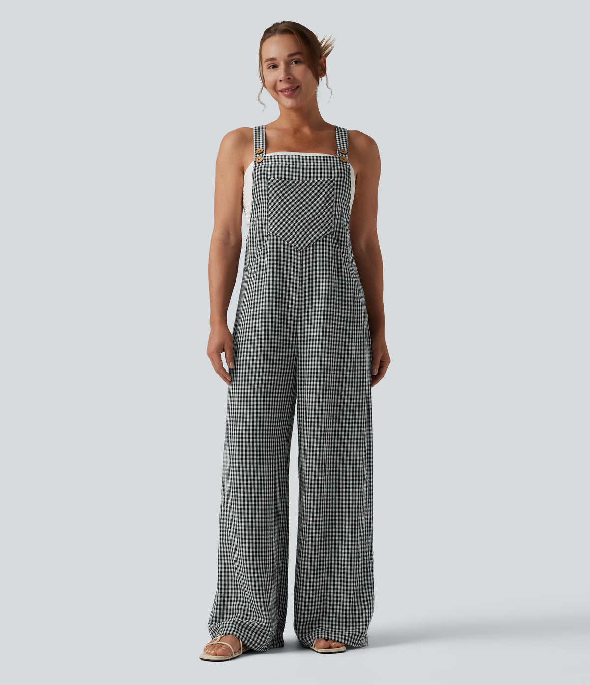 Plaid Casual Linen-Feel Dungarees with Pockets — Classic Mono — view 6
