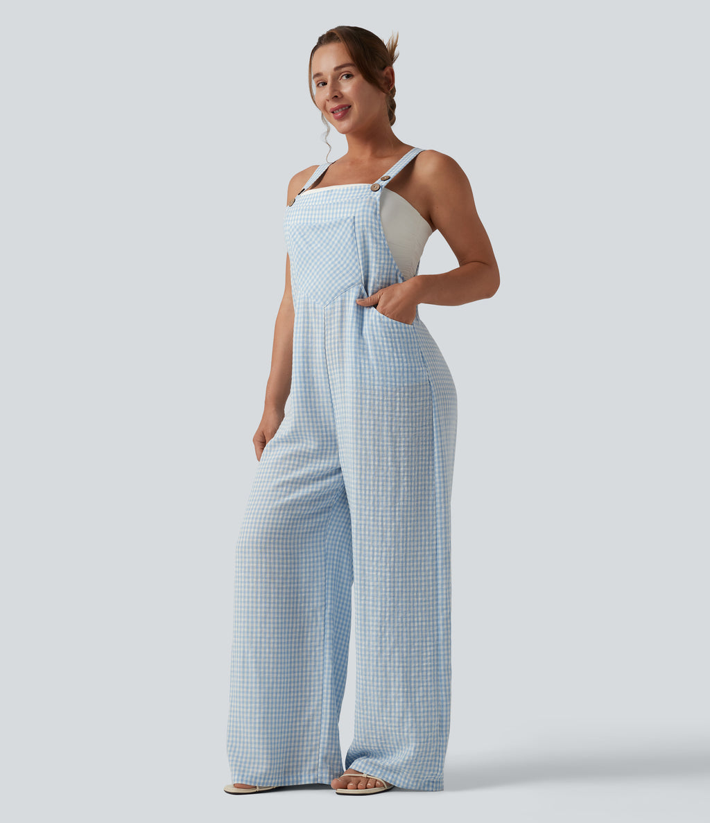 Plaid Casual Linen-Feel Dungarees with Pockets — Blue Cream — view 3