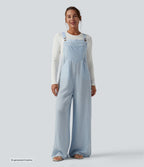 Plaid Casual Linen-Feel Dungarees with Pockets — Blue Cream — view 1