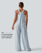 Plaid Casual Linen-Feel Dungarees with Pockets — Blue Cream — view 2