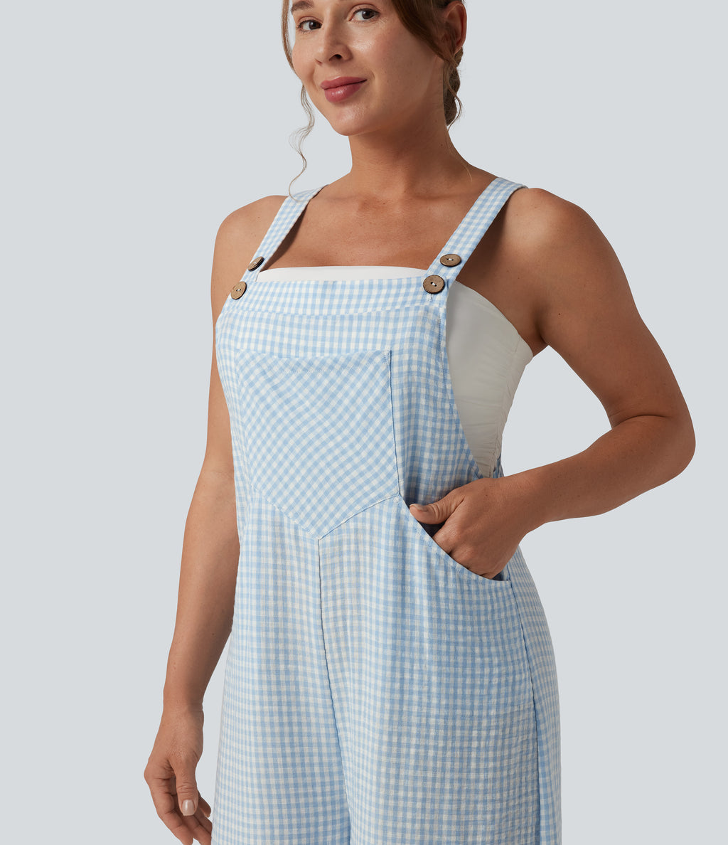 Plaid Casual Linen-Feel Dungarees with Pockets — Blue Cream — view 5