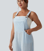 Plaid Casual Linen-Feel Dungarees with Pockets — Blue Cream — view 5