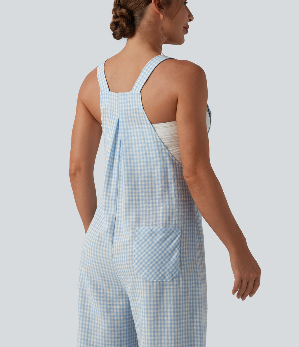 Plaid Casual Linen-Feel Dungarees with Pockets — Blue Cream — view 4