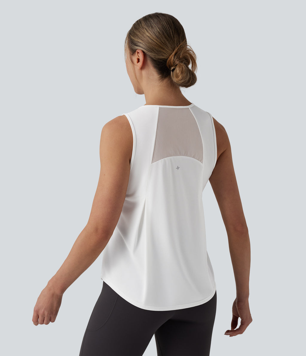 Contrast Mesh Curved Hem Running Tank Top — White — view 1