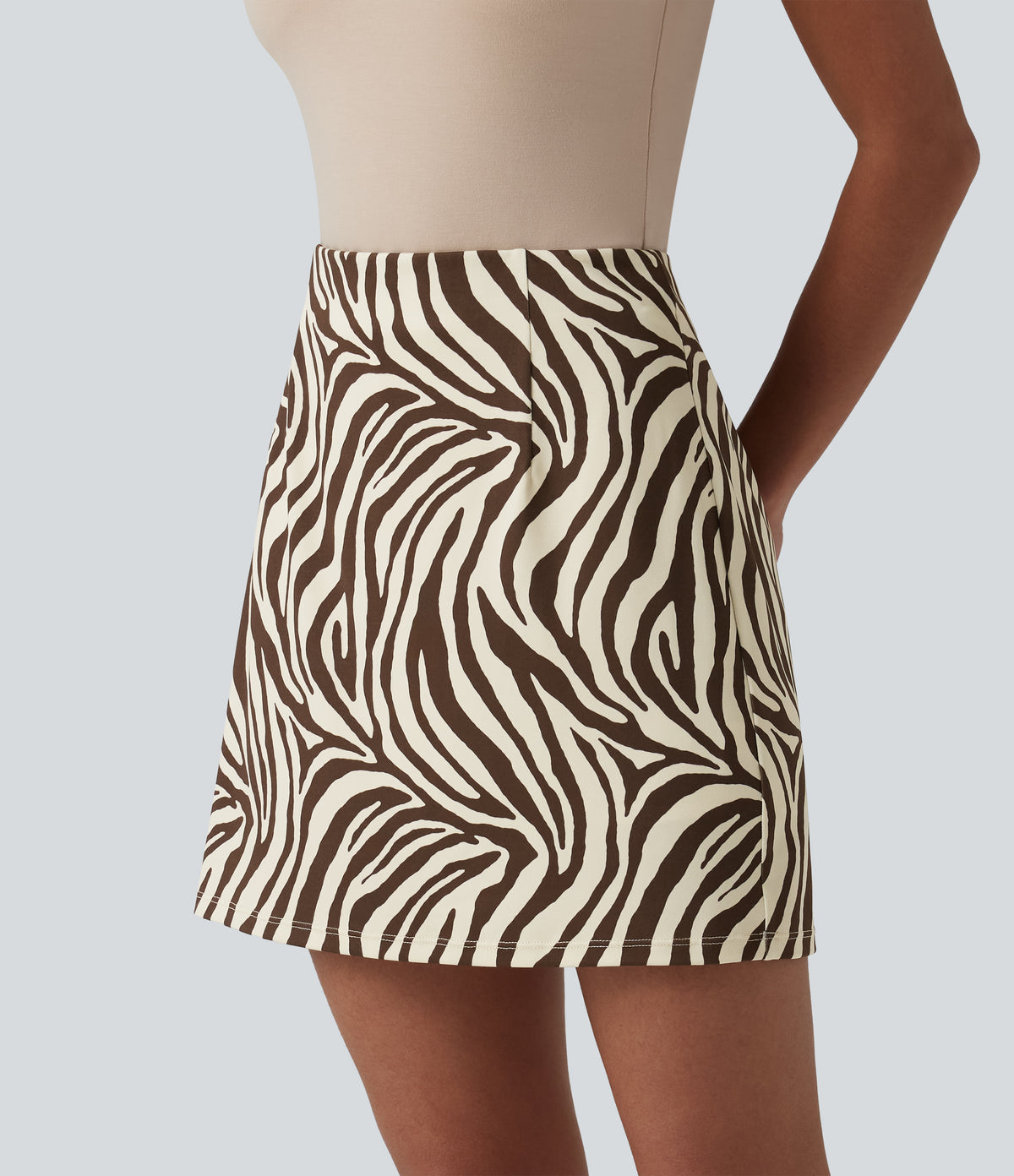 High Waisted A-Line Zebra Print 2-in-1 Casual Mini Skirt — Cocoa Zebra — view 3
