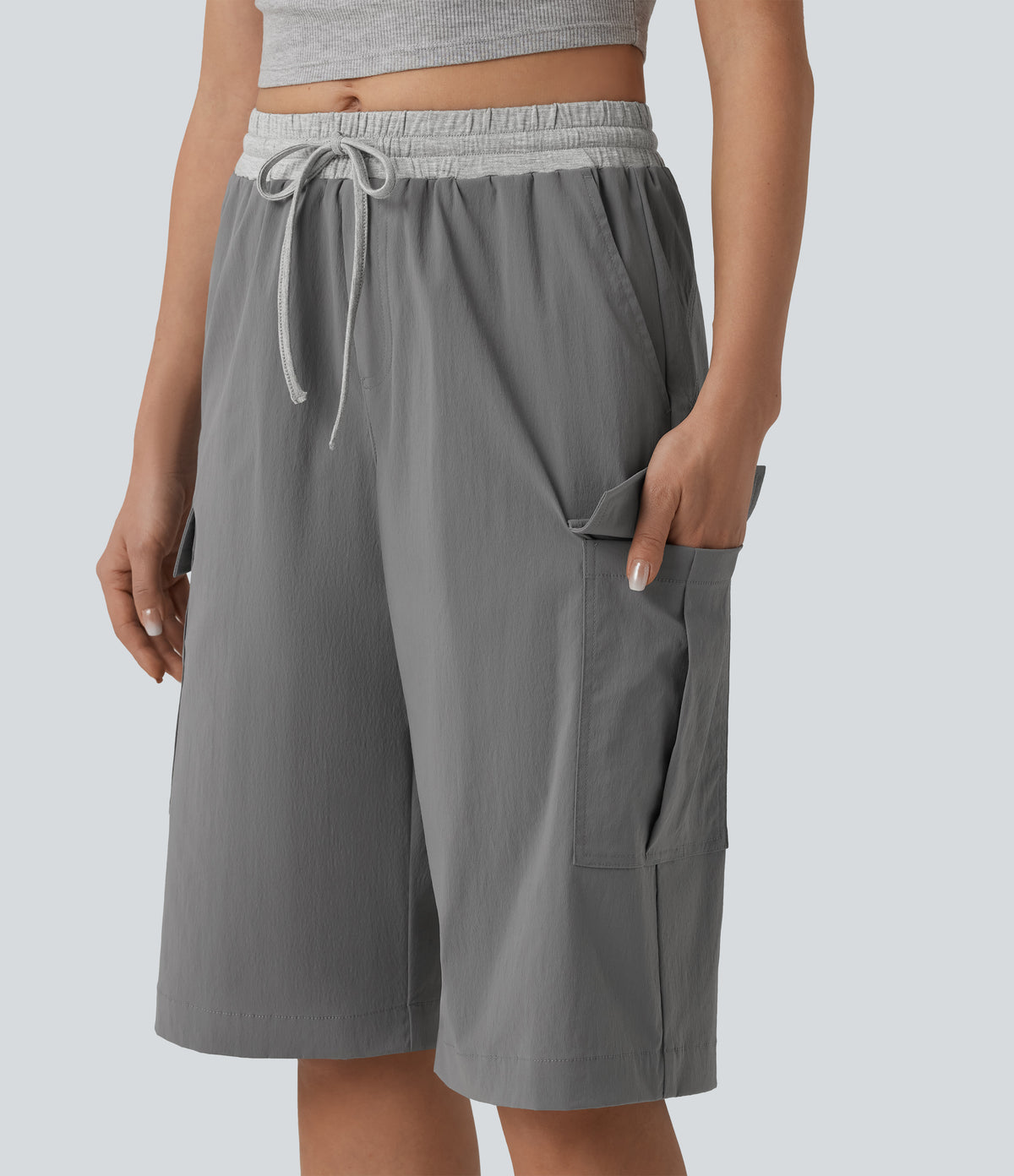 Mid Rise Drawstring Color Block Casual Pedal Pusher Trousers with Pockets — Steel Gray — view 6