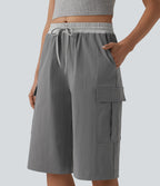 Mid Rise Drawstring Color Block Casual Pedal Pusher Trousers with Pockets — Steel Gray — view 4